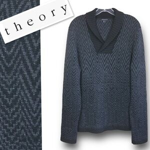 THEORY Hesus Harmonize 100% Wool Chevron  Knit ShawlNeck Sweater Pullover Gray L